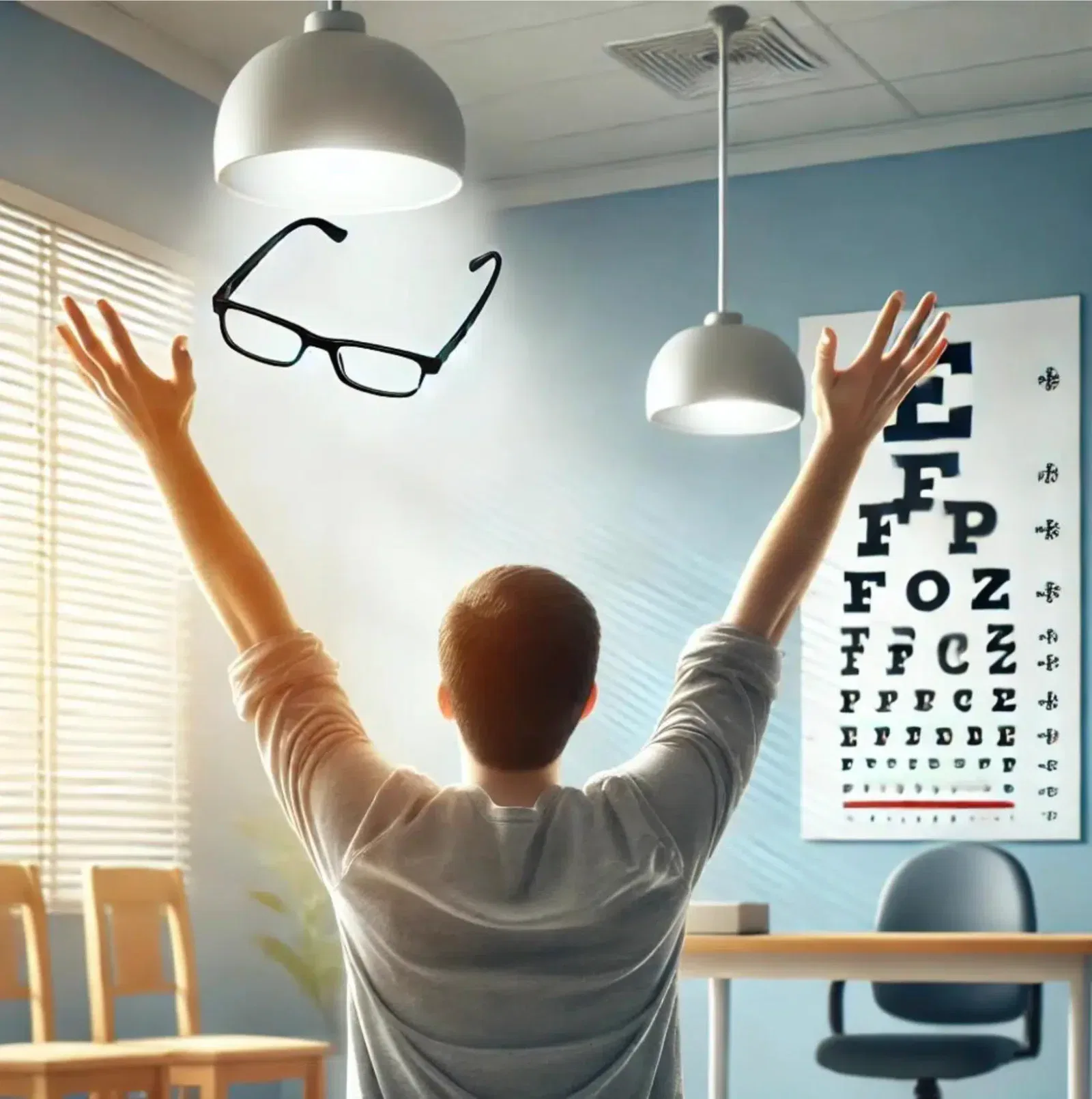Persona en una consulta óptica levantando los brazos con alegría mientras unas gafas flotan sobre él, con una tabla de visión al fondo.