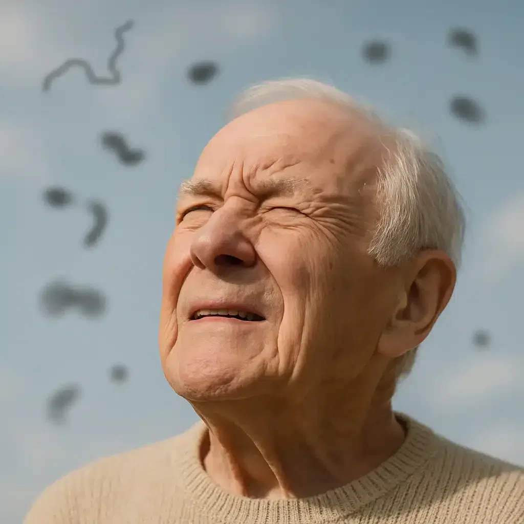 Anciano viendo moscas volantes