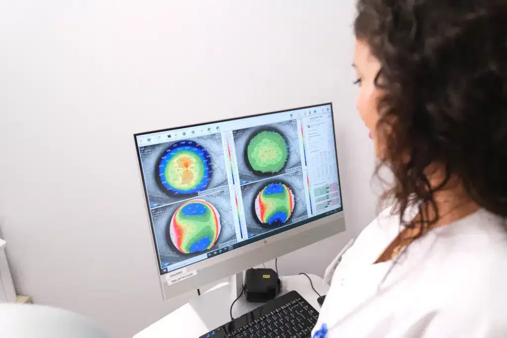 Médico revisando gráficos de topografía corneal en una pantalla de computadora, utilizados para evaluar la salud ocular y personalizar tratamientos.