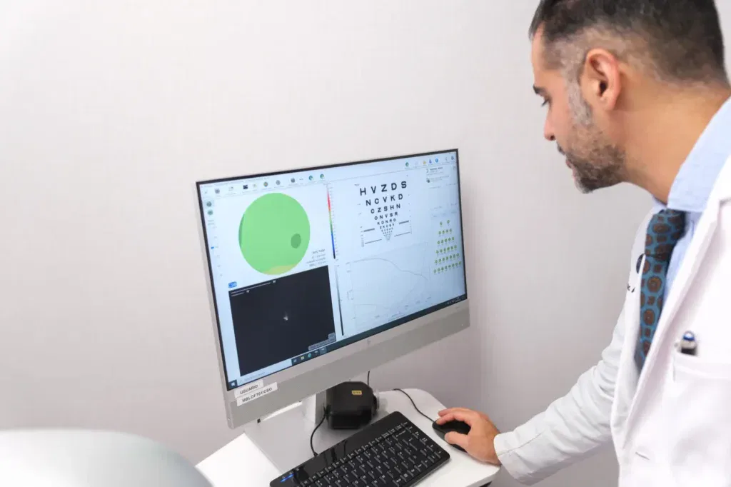 Hombre trabajando en un ordenador con una pantalla que muestra gráficos y datos, posiblemente en un entorno de análisis o investigación.