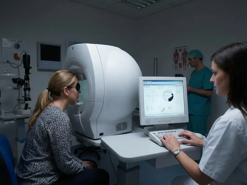 Mujer realizando una prueba de visión en un equipo de diagnóstico ocular, mientras un profesional de la salud observa los resultados en una computadora.