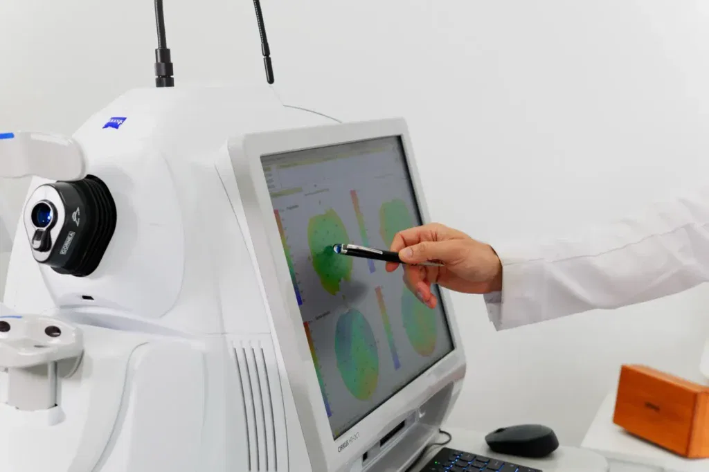 Médico utilizando un equipo de diagnóstico ocular para analizar gráficos en una pantalla, mostrando resultados de pruebas visuales.