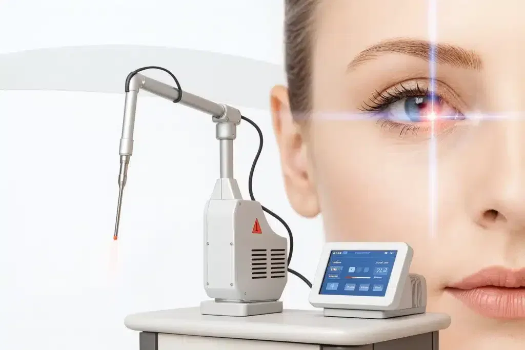 Dispositivo láser estético utilizado en tratamientos faciales, con pantalla digital y aplicador enfocado en la piel cerca de un ojo.