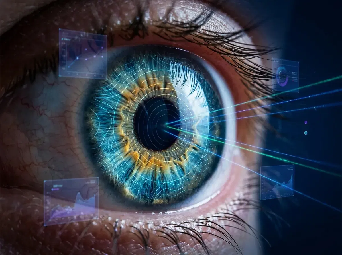 Ojo humano con iris azul y amarillo, rodeado de gráficos digitales y rayos de luz, simbolizando tecnología y análisis de datos.