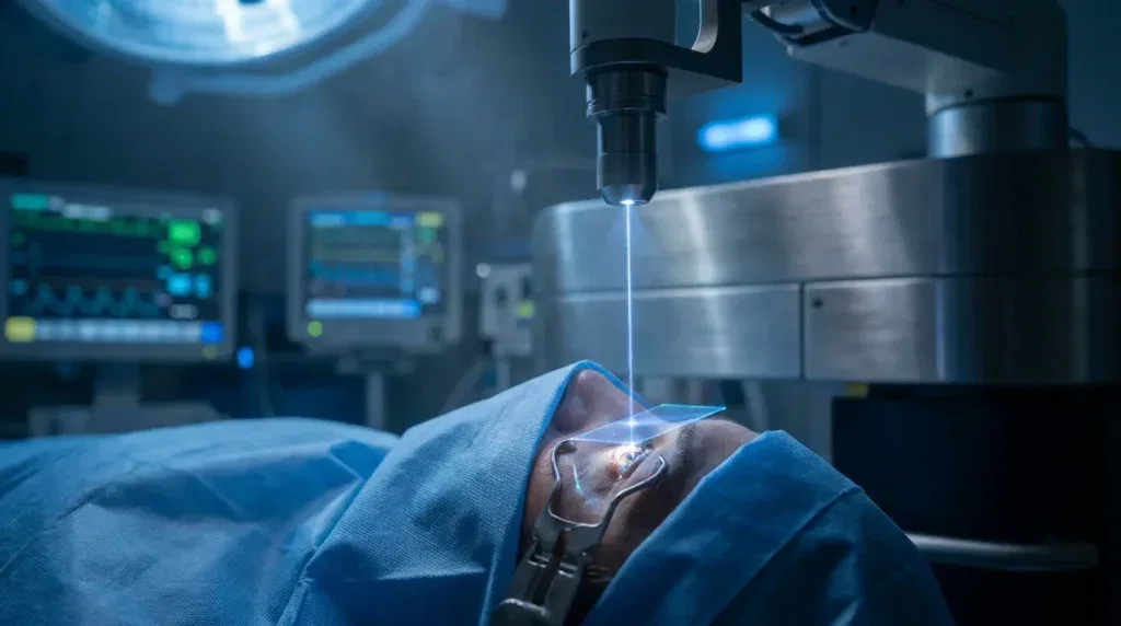 Procedimiento de cirugía ocular con láser, mostrando un paciente bajo anestesia y un equipo médico avanzado en un entorno quirúrgico.